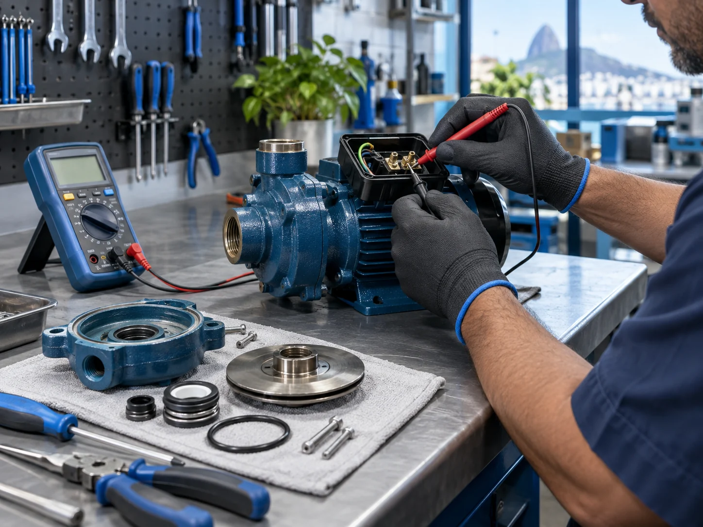 Técnico realizando diagnóstico em uma bomba d'água